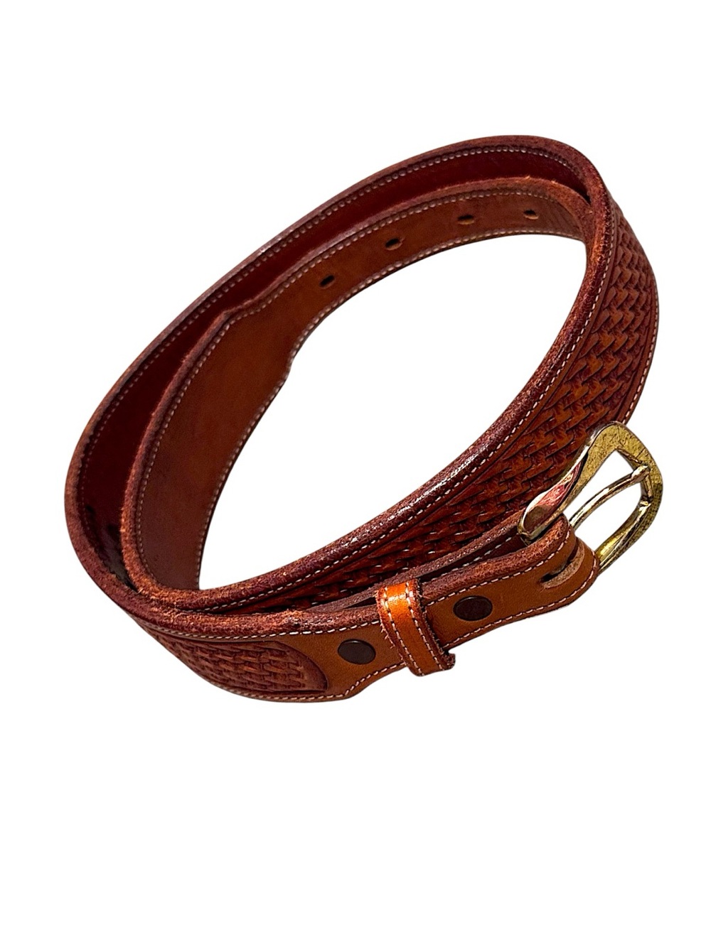 Y2K Vogt Western Hand Tooled Basket Weave Unisex Leather Brown Belt Russet 32 US
